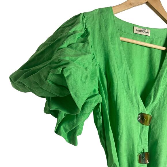 Nicholas Troy Green Linen Button Front Tie Waist Short Sleeve Dress Size 4 - Picture 6 of 12